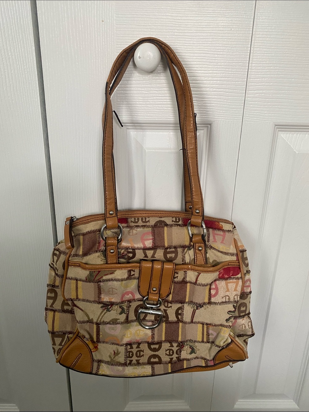 Etienne Aigner Tan Patterned Logo Shoulder Bag with Leather Trim